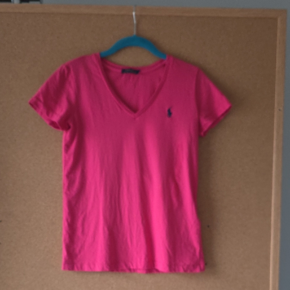 Ralph Lauren Y2K Pink Cotton V-Neck Tee Shirt Women’s  Embroidered Pony